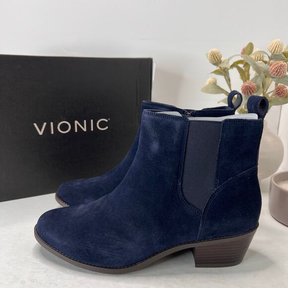 Vionic Roseland Water Repellent Suede Chunky Heel Boots Navy Women's 11 NWB - Picture 2 of 11